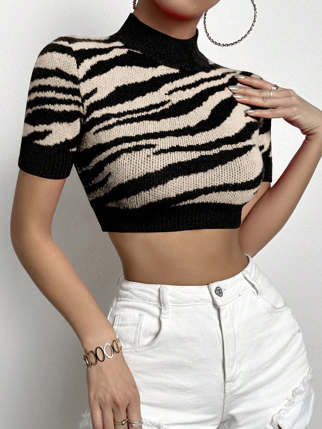 Zebra Print Mock Neck Crop Sweater