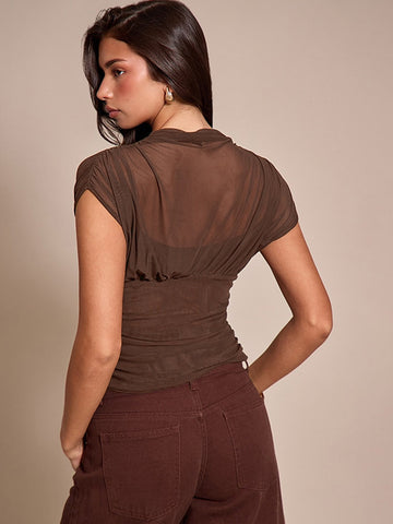 Sheer Ruched Mock Neck T-Shirt
