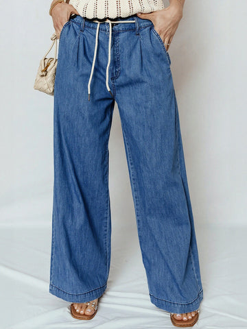 High Waisted Drawstring Wide Leg Jeans