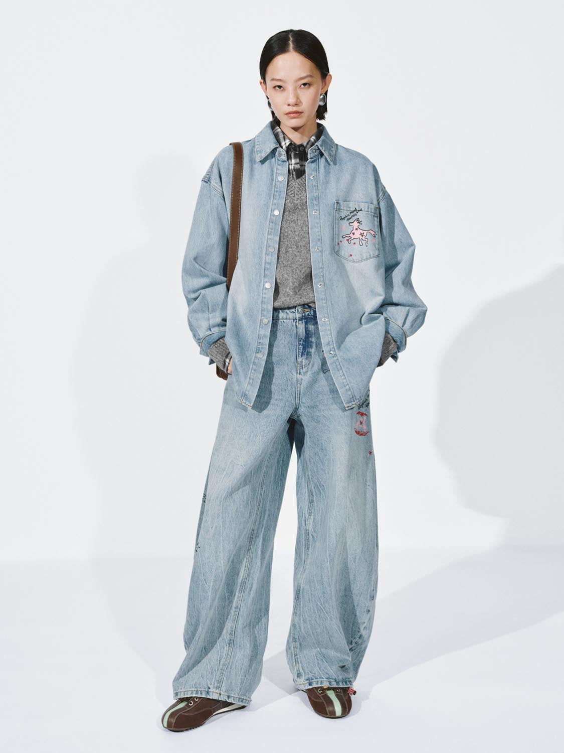 Urban Revivo Embroidered Patch Pocket Denim Shirts-Sky Blue