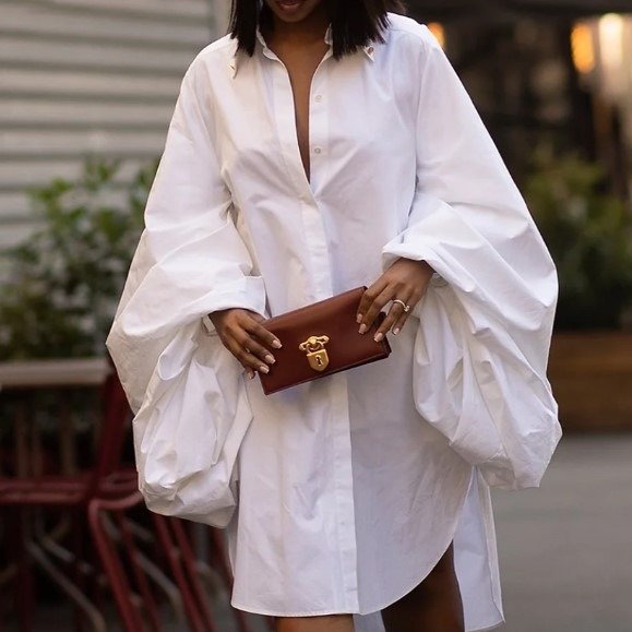 Oversized Balloon Sleeve White Shirt Dress
