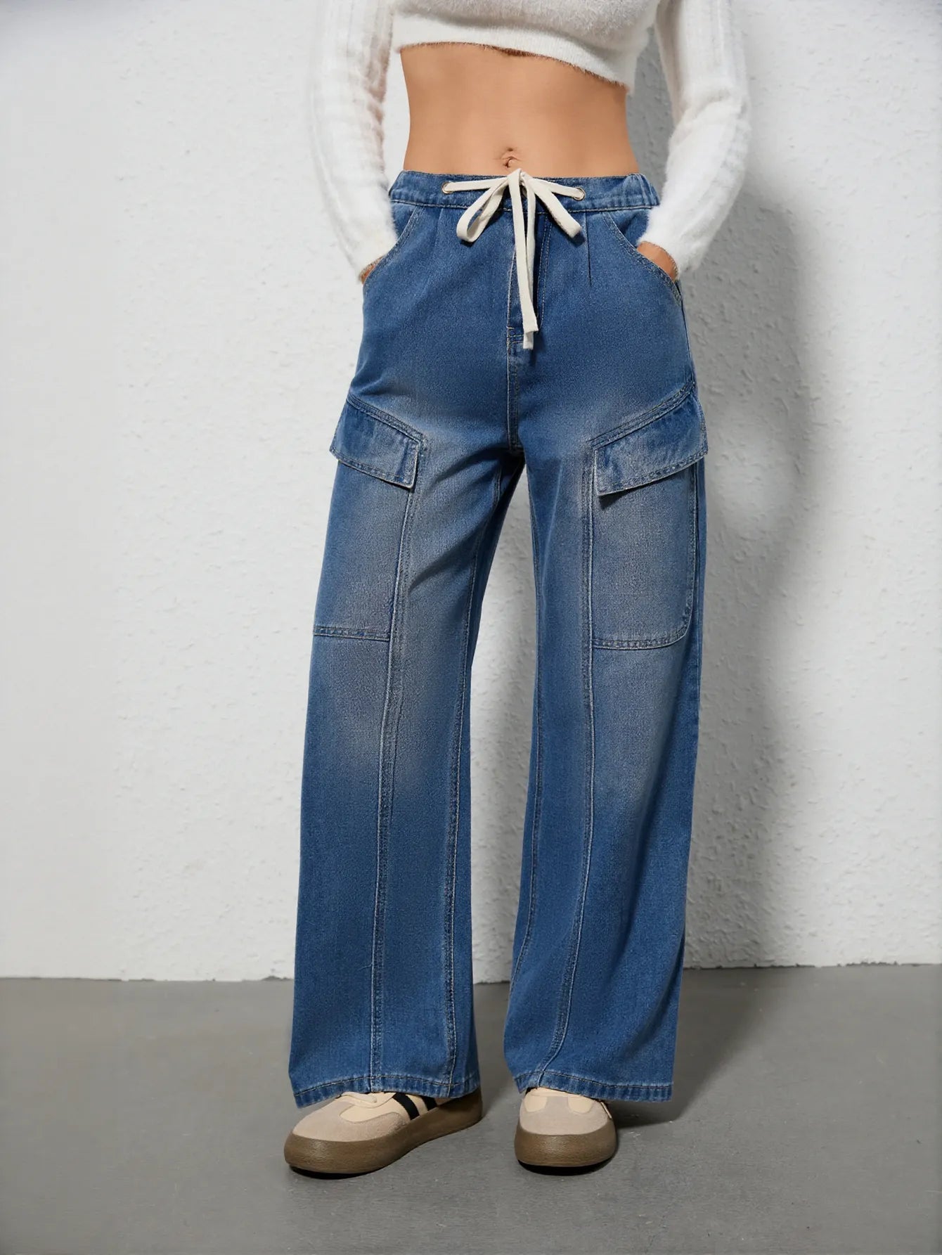 Drawstring Cargo Wide Leg Jeans