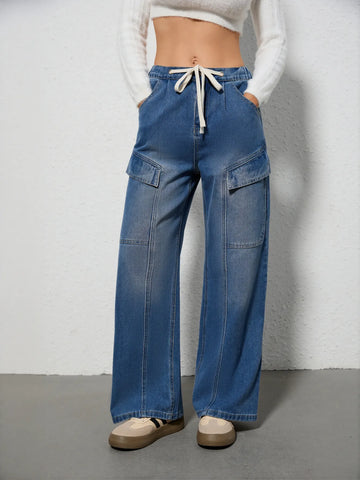 Drawstring Cargo Wide Leg Jeans