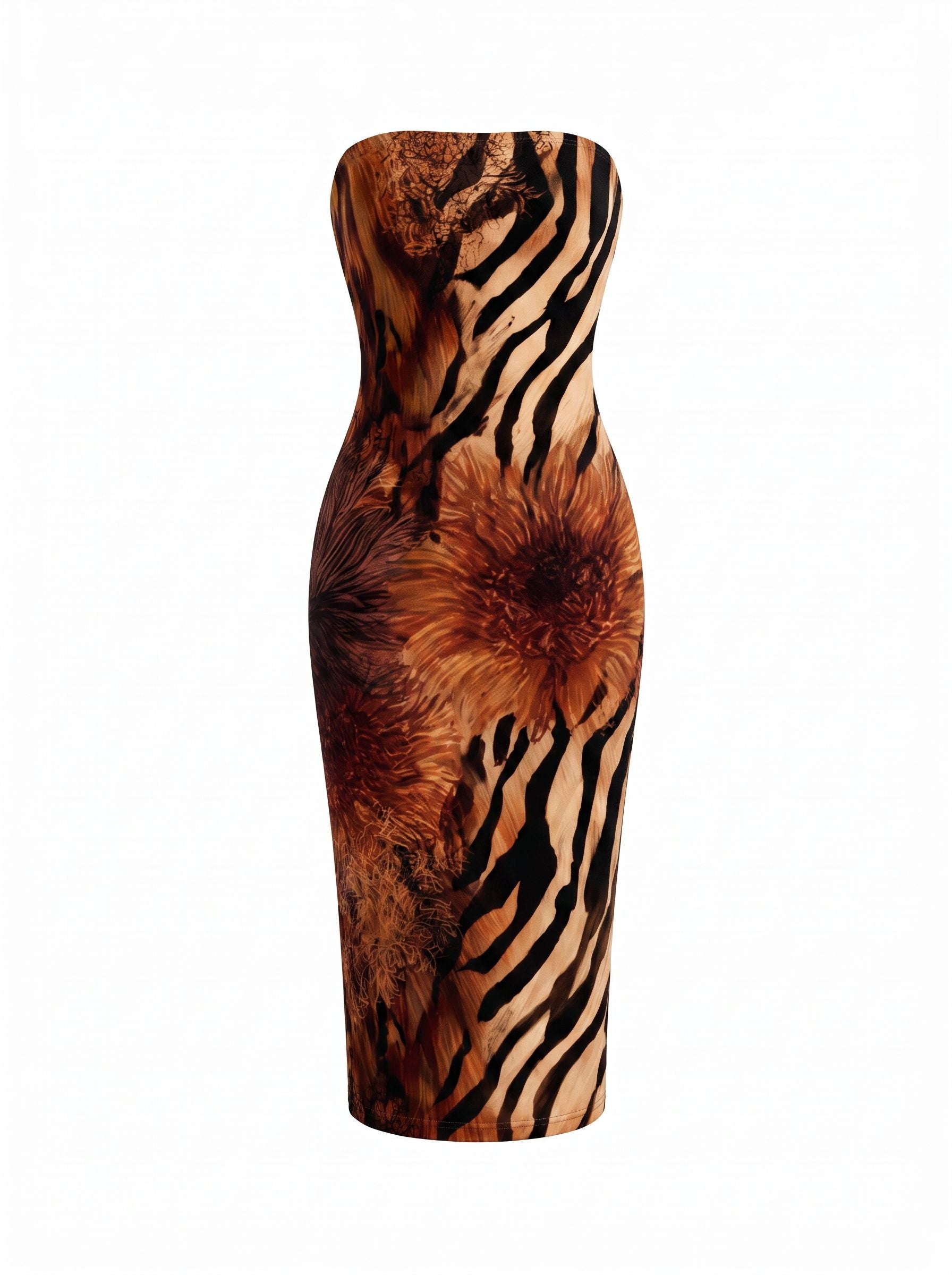 MAIA Lion and Tiger Stripe Print Strapless Sheath Midi Dress