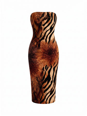 MAIA Lion and Tiger Stripe Print Strapless Sheath Midi Dress