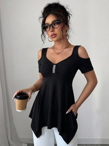 Cold Shoulder Embellished Peplum T-Shirt