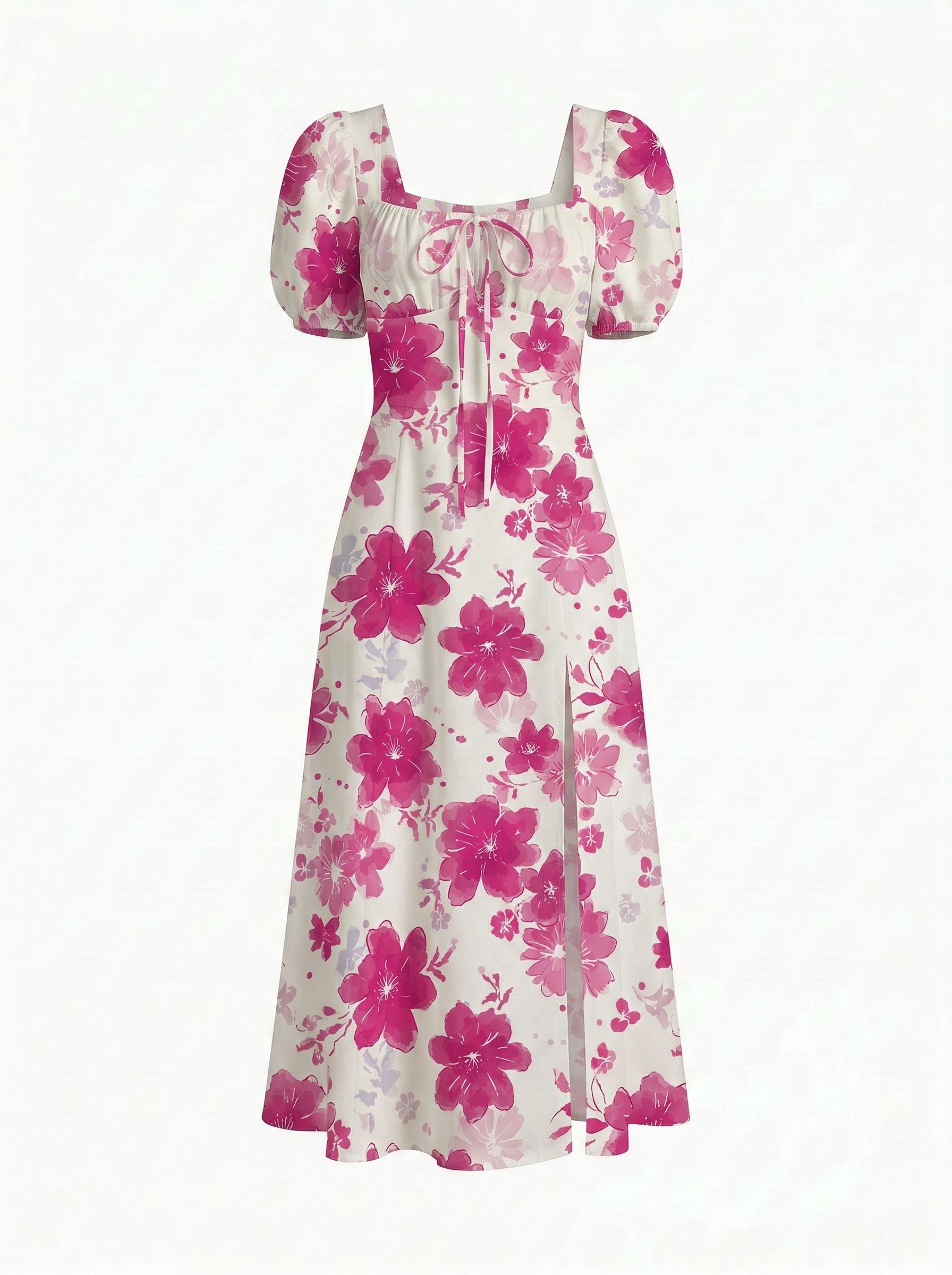 Floral Print Puff Sleeve Tie MidiDress