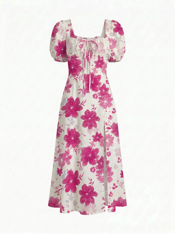 Floral Print Puff Sleeve Tie MidiDress