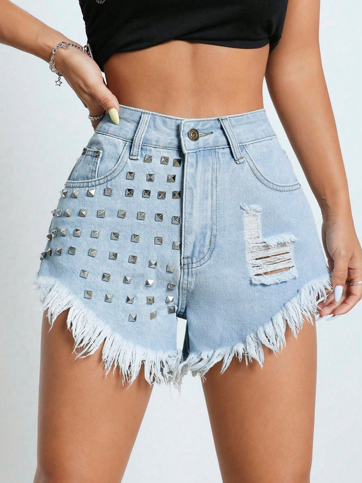 Studded Distressed Frayed Hem Denim Shorts