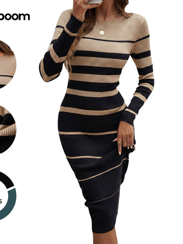 Bodycon Striped Ribbed Knit Sweater Dress