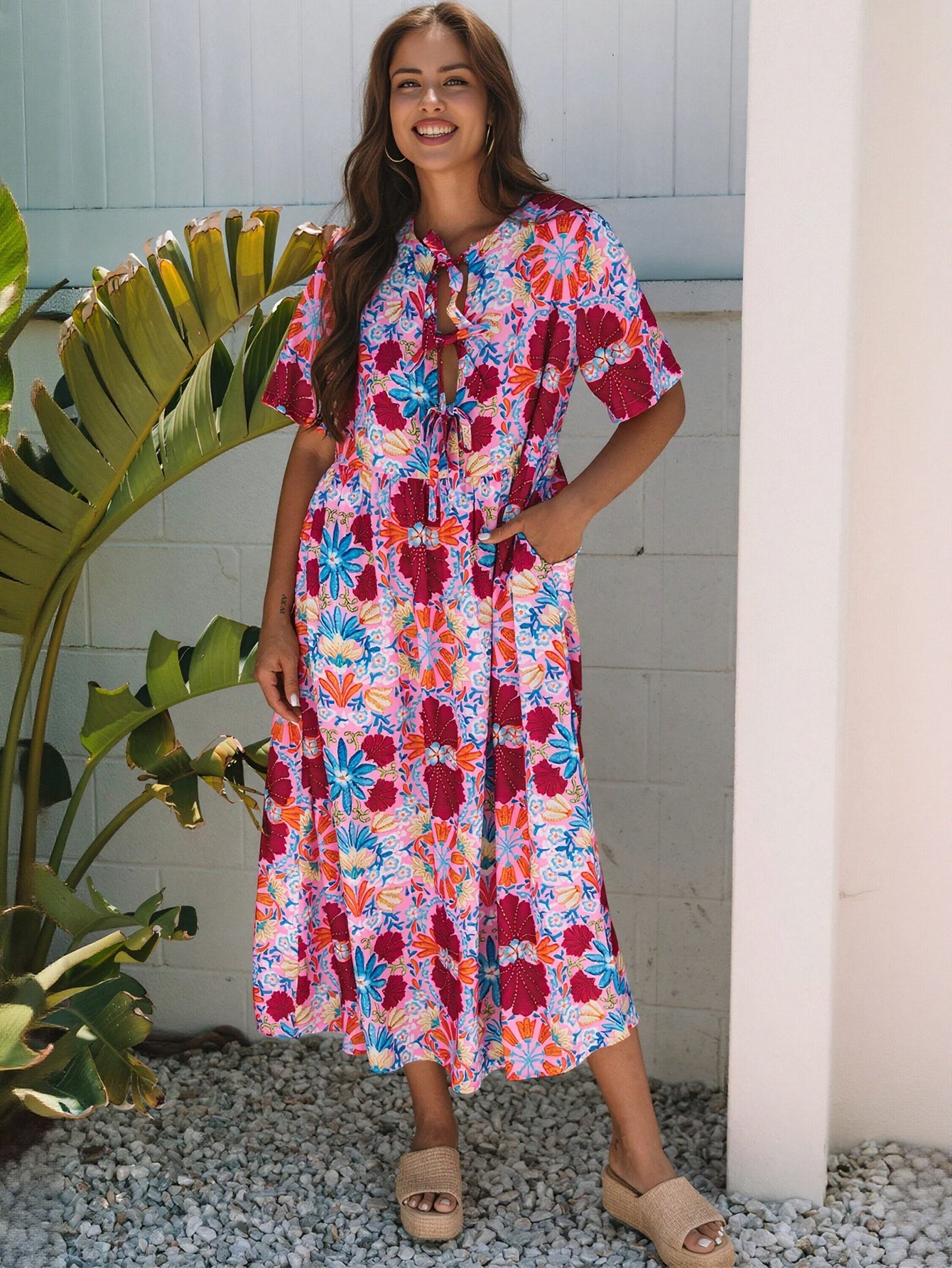 Tie Neck Pocket Detail Midi Dress