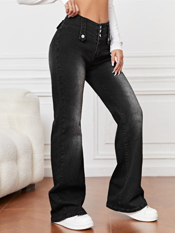 High Waisted Button Flare Jeans