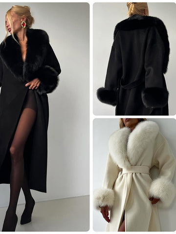 Faux Fur Trim Wool Long Coat