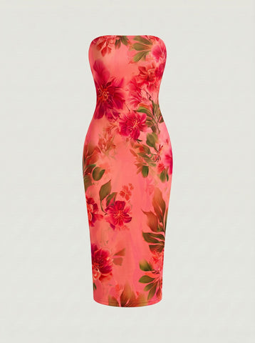 MAIA Floral Print Strapless Sheath Midi Dress