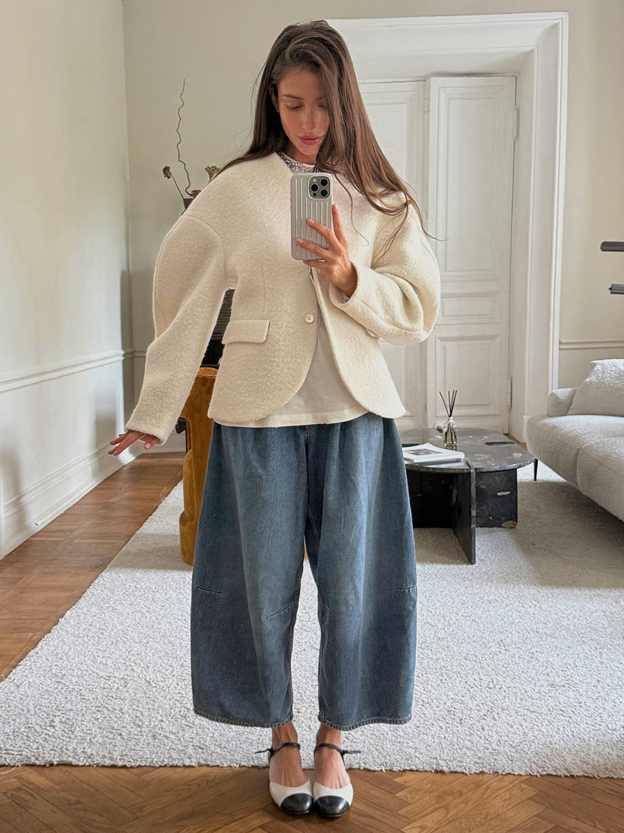 Textured Wool Blend Cropped Coat