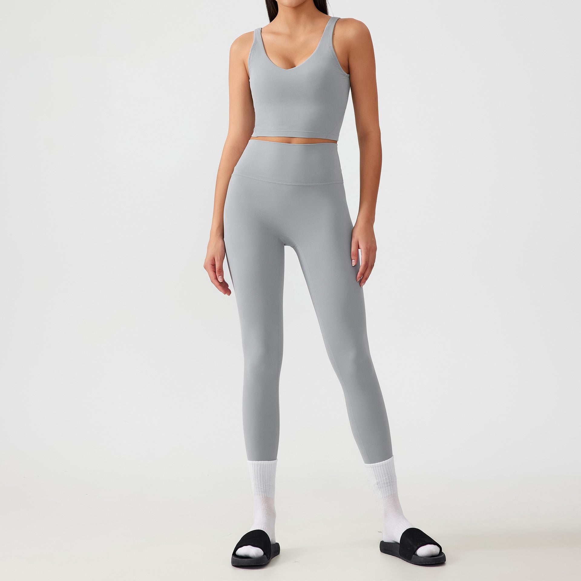 V-Neck Sports Bra High-Waisted Leggings Stylish Set-Multicolor