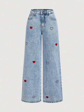 Embroidered Heart Wide Leg Jeans