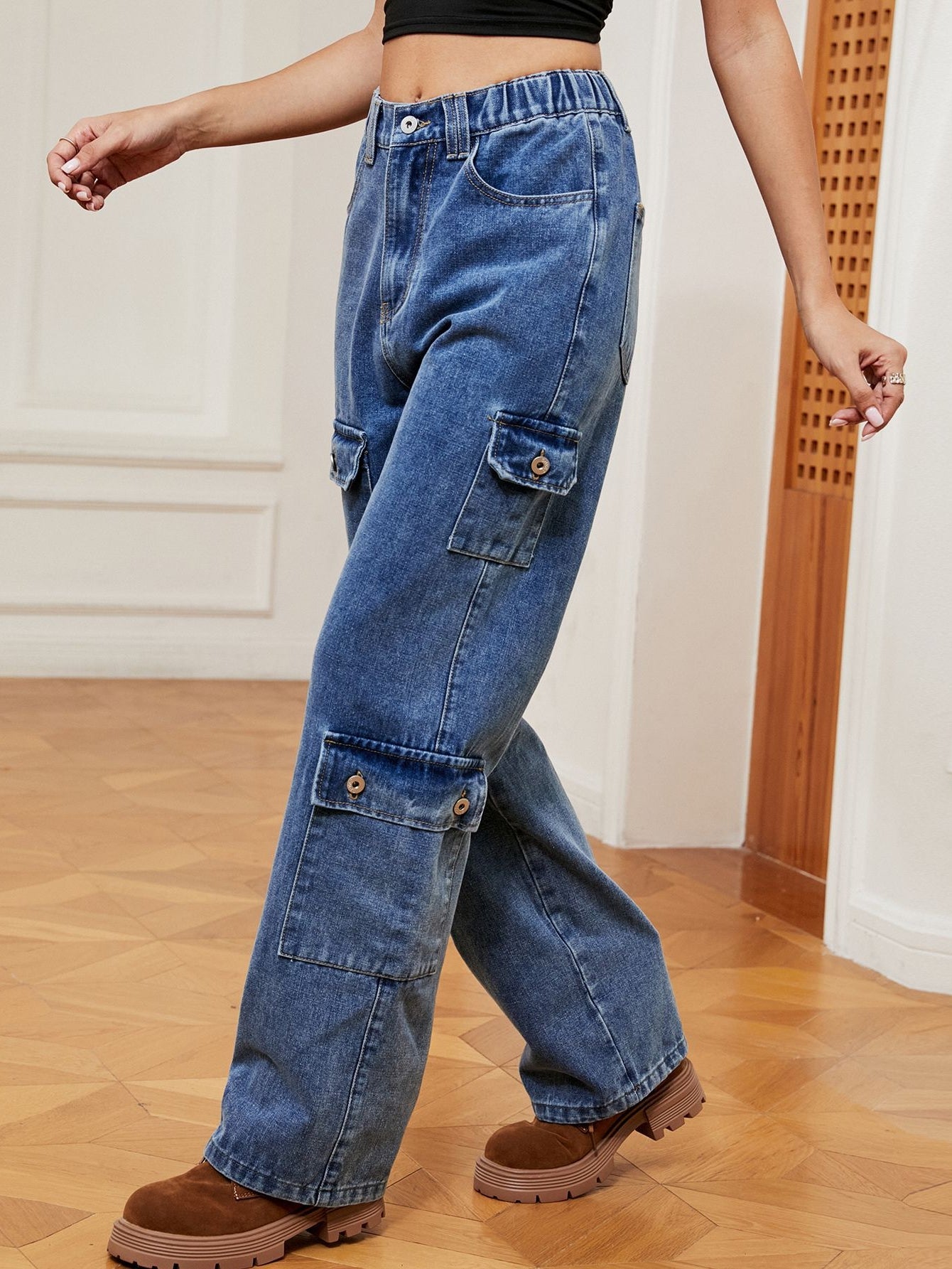 High Waisted Utility Cargo Jeans