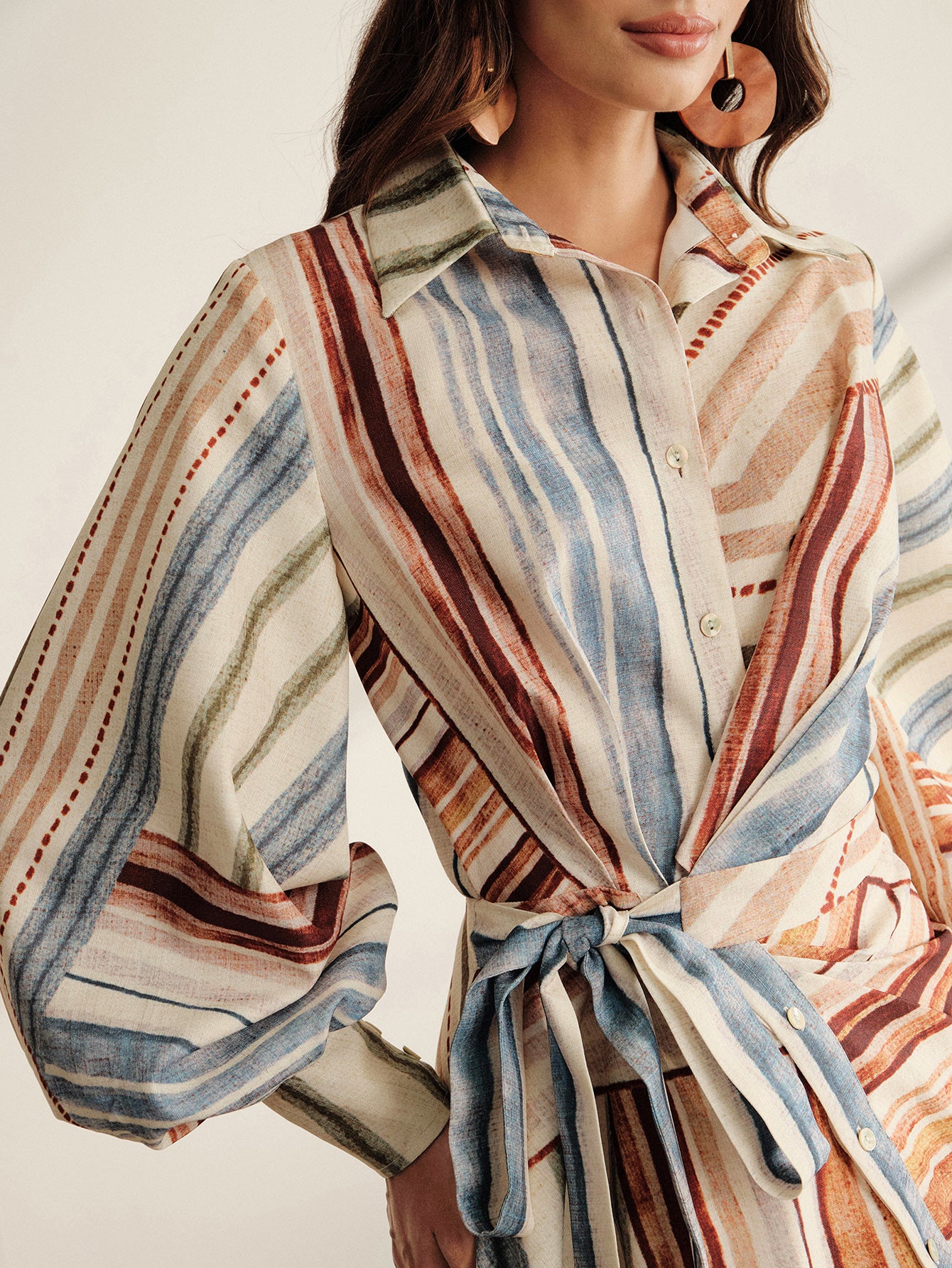 Striped Balloon Sleeve Midi Shirt Dress