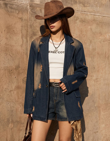 Distressed Oversized Denim Blazer Jacket