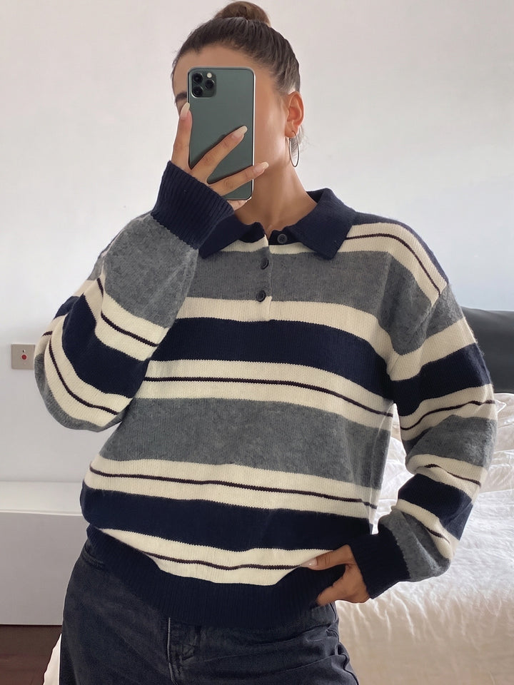 Oversized Striped Polo Collar Sweater
