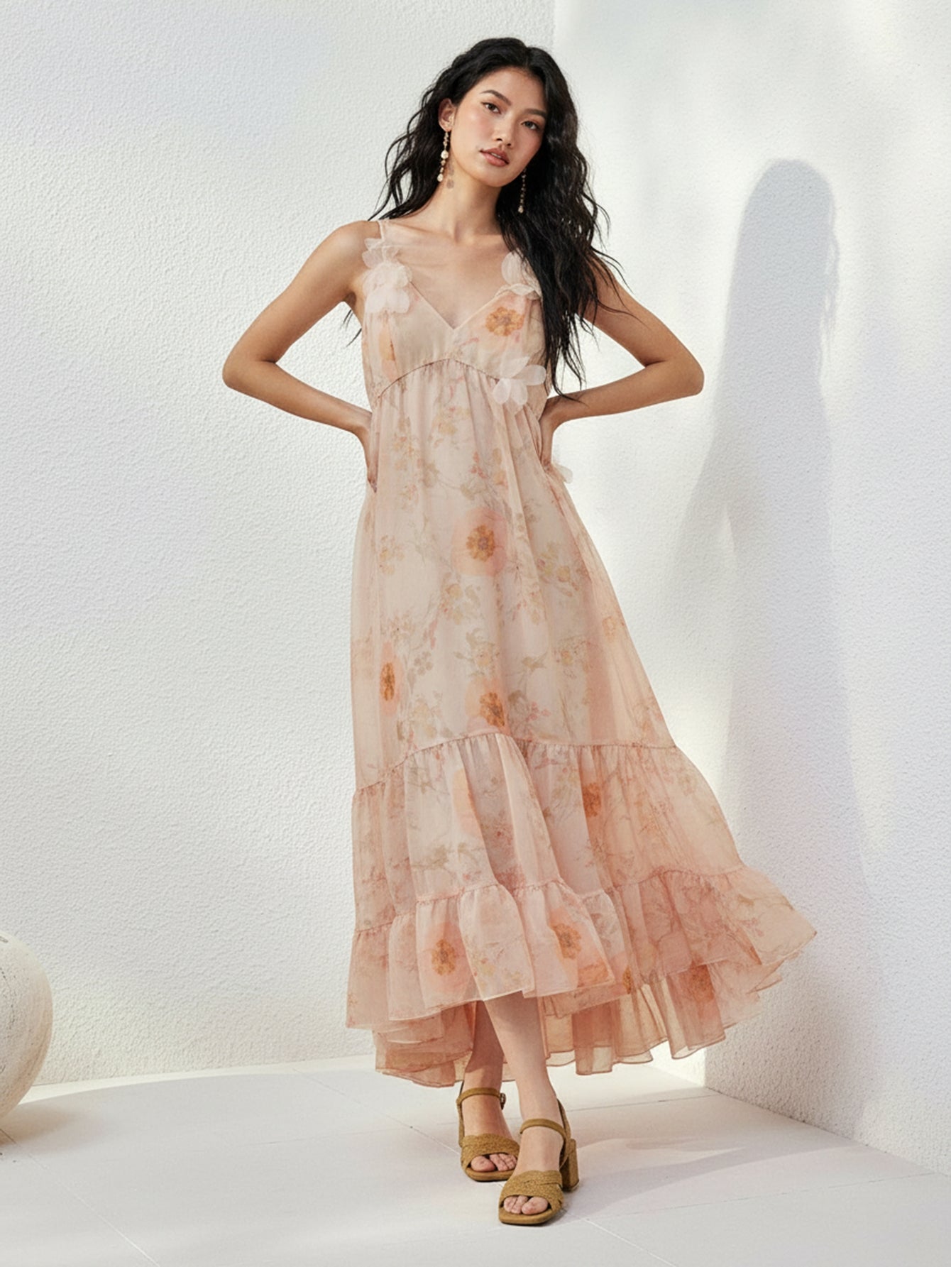 Urban Revivo Floral Decor A-Line Maxi Dresses-Pinky Orange Print