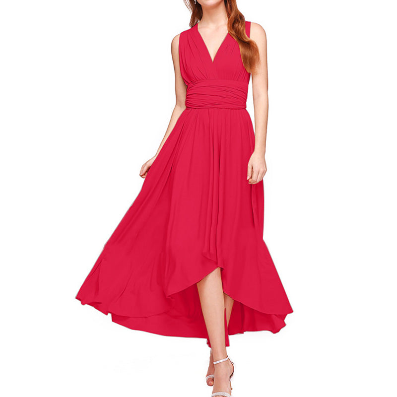 V-Neck Pleated Asymmetric Hem Casual Midi Dress-Blue