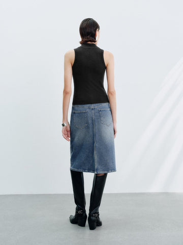 Urban Revivo Denim Midi Skirts-Blue