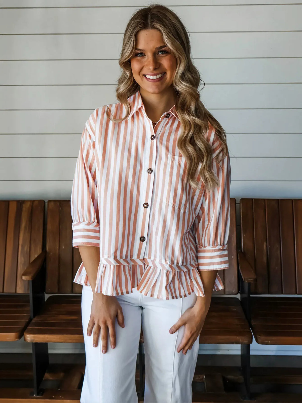 Casual Striped Peplum Button Down Shirt