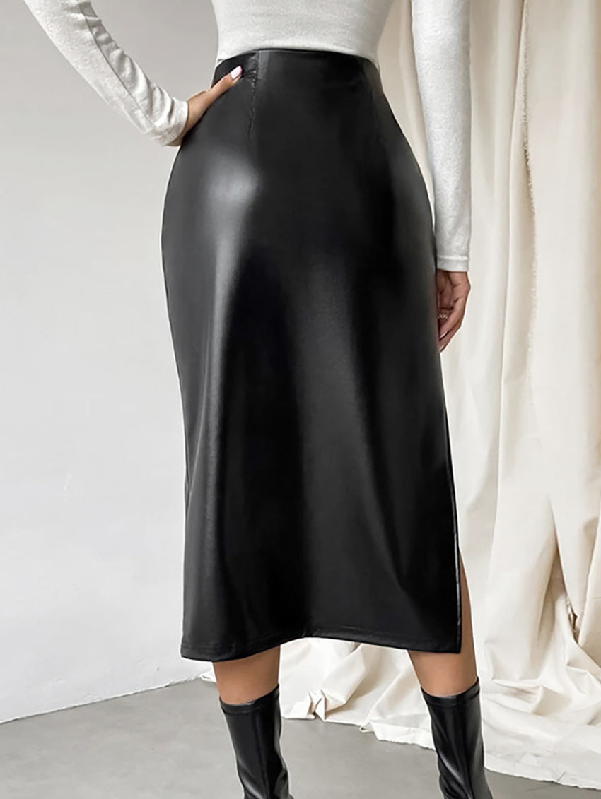 High Slit Faux Leather Midi Skirt