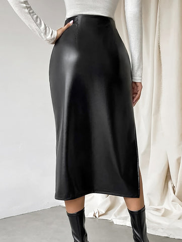 High Slit Faux Leather Midi Skirt