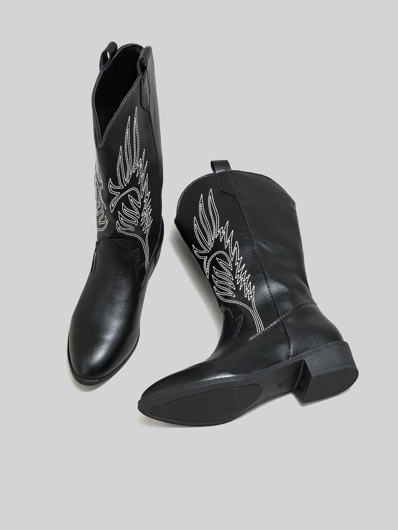 Embroidered Pointed-Toe Western Boots-Black