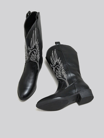 Embroidered Pointed-Toe Western Boots-Black