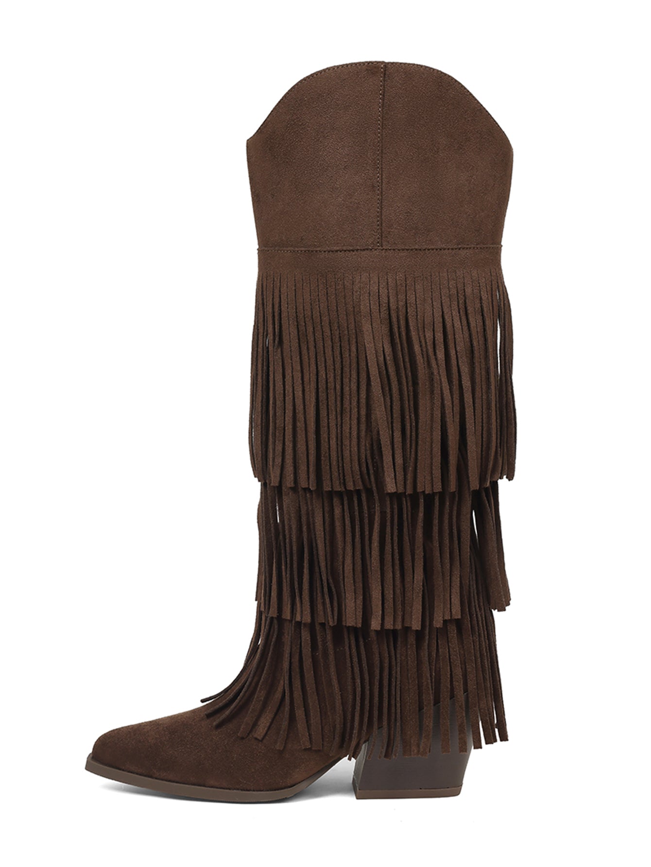 Tiered Long-Fringe Mid-Calf Suede Western Boots-Brown