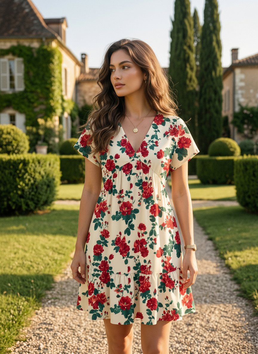 EVA Vintage Red Rose V Neck Tiered Babydoll Mini Dress
