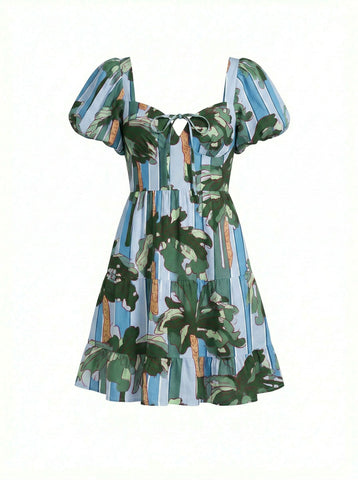 Floral Print Puff Sleeve Tiered Mini Dress