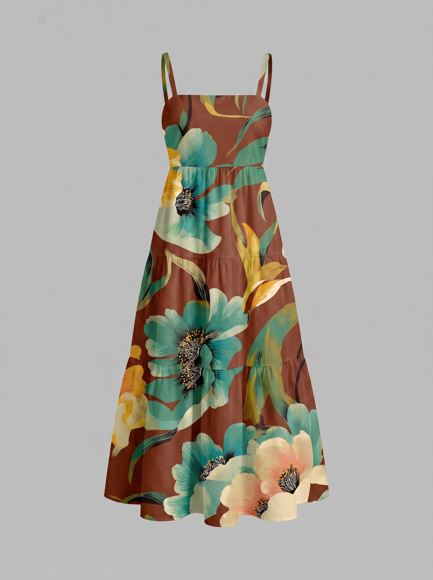 FLORA Floral Print Tiered Strap Midi Dress