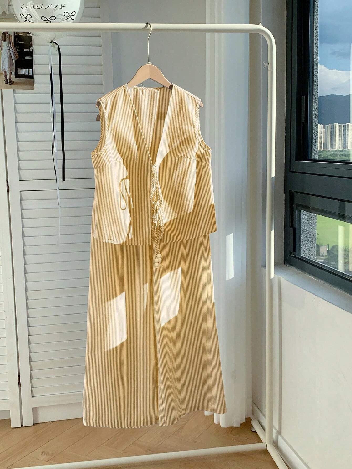 Drawstring Sleeveless Top Wide-Leg Pants Casual Set-Yellow