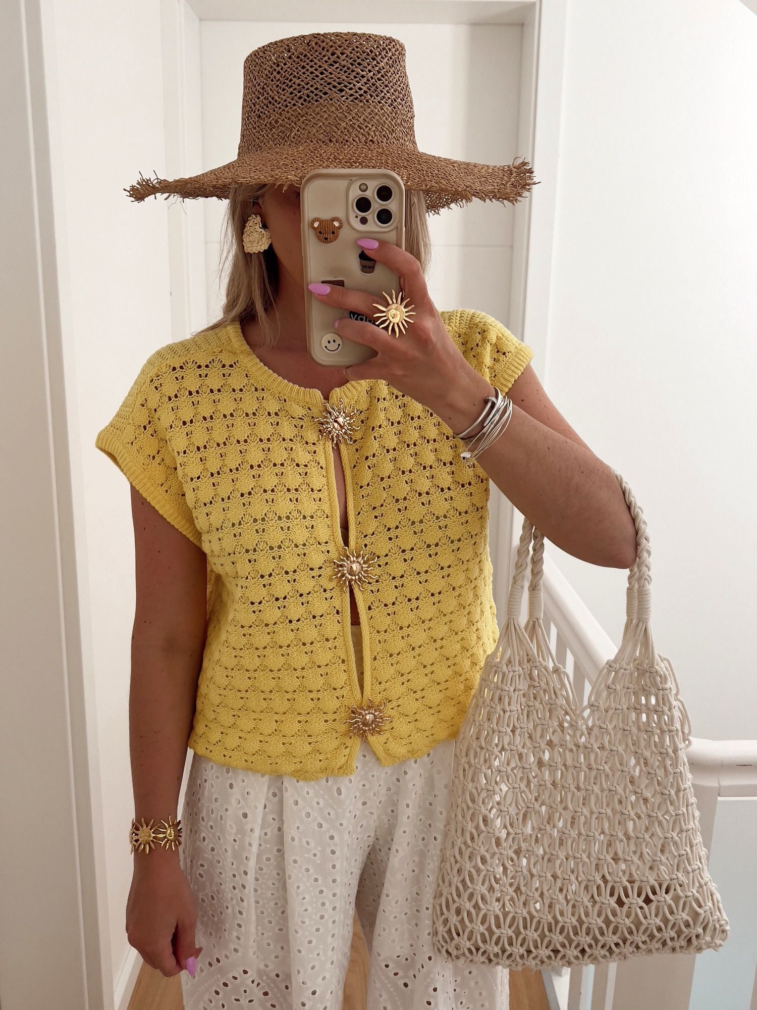 Open-Front Crochet Star-Button Boho Vest