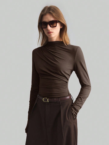 Ruched Mock Neck Long Sleeve Tee