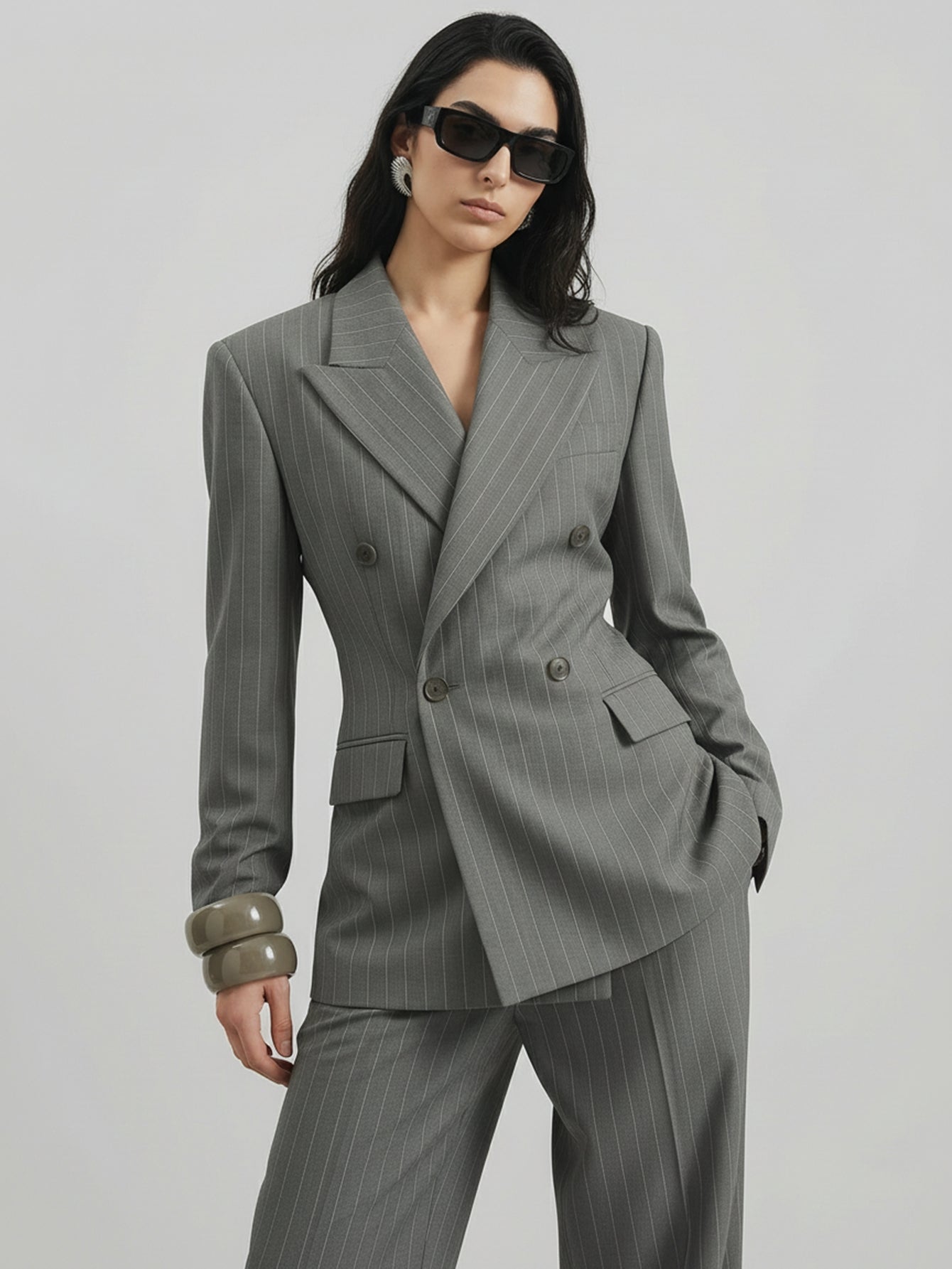 SAÏA Peaked Lapel Double-Breasted Tailored Waist Blazer-Gray