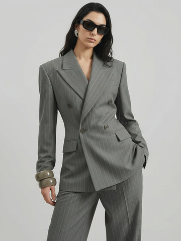 SAÏA Peaked Lapel Double-Breasted Tailored Waist Blazer-Gray