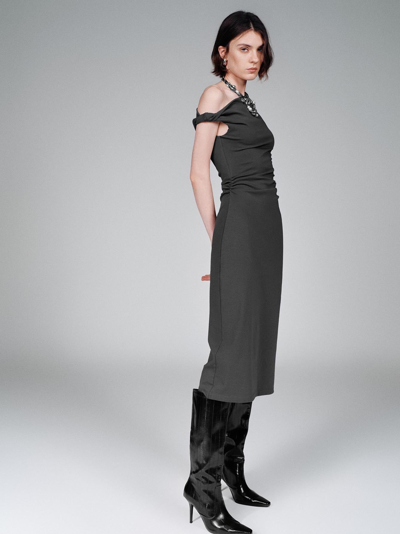 Urban Revivo One Shoulder Ruched A-Line Midi Dresses-Grey
