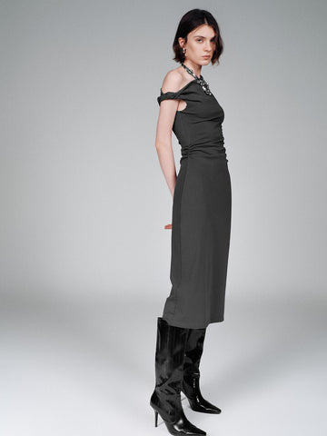 Urban Revivo One Shoulder Ruched A-Line Midi Dresses-Grey
