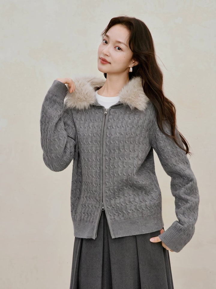 Faux Fur Hooded Cable Knit Cardigan