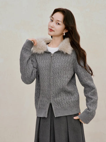 Faux Fur Hooded Cable Knit Cardigan