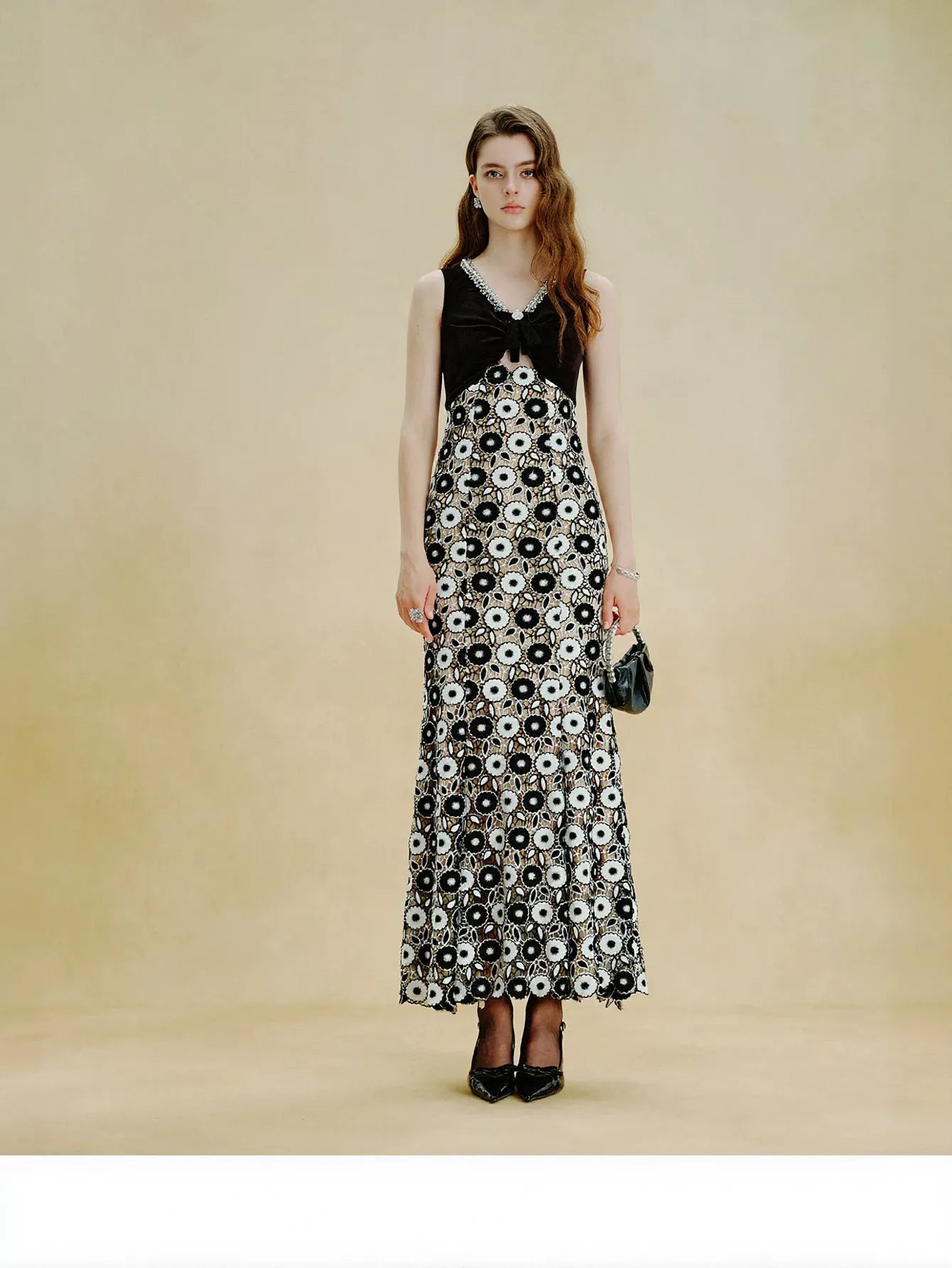 Embellished Velvet Floral Lace Maxi Dress