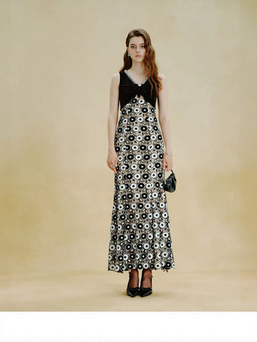 Embellished Velvet Floral Lace Maxi Dress