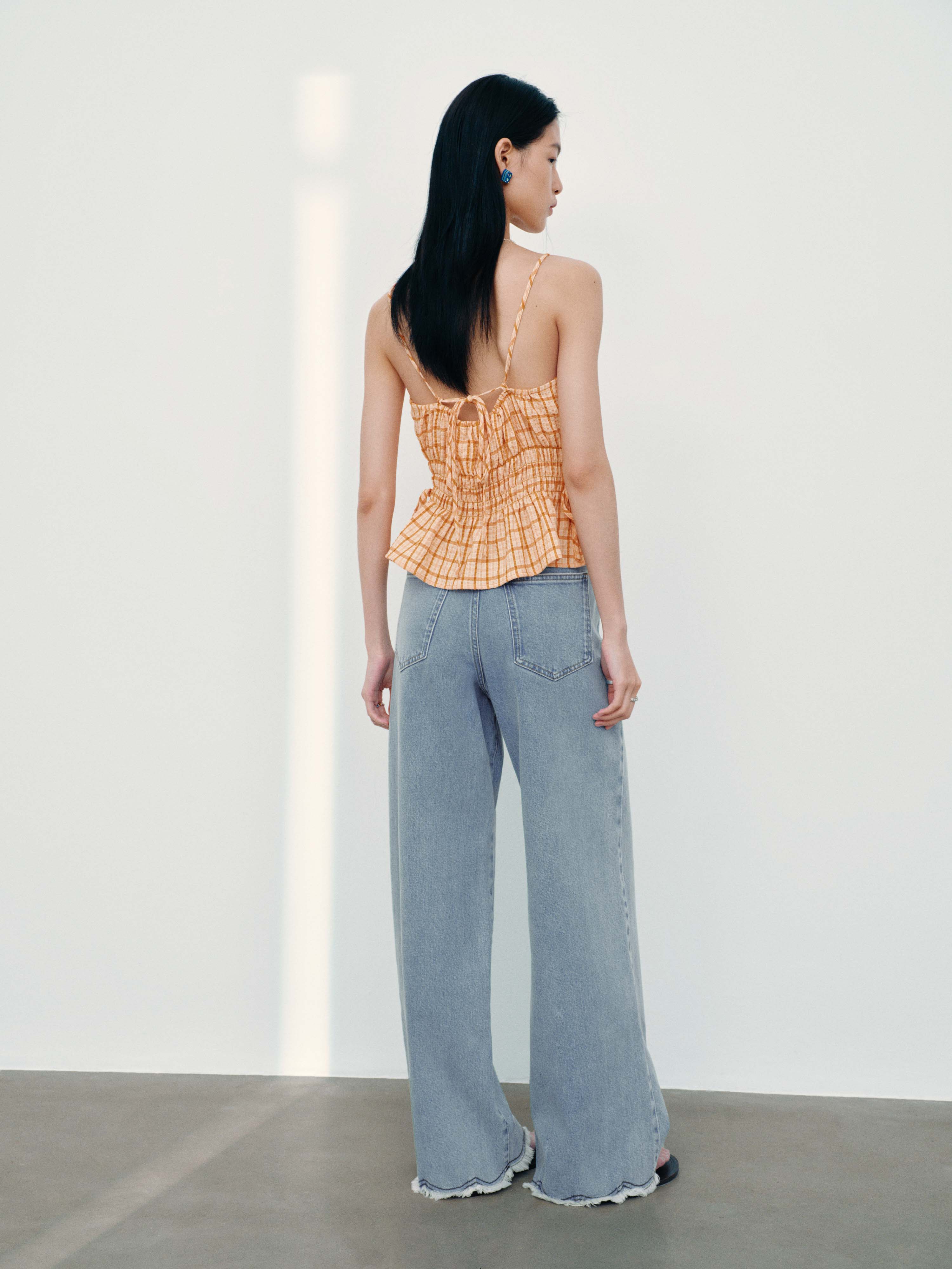 Strappy Check Ruffle Trim Cami Tops