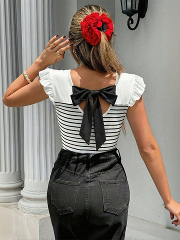 Ruffled Sleeve Striped Cotton T Shirt